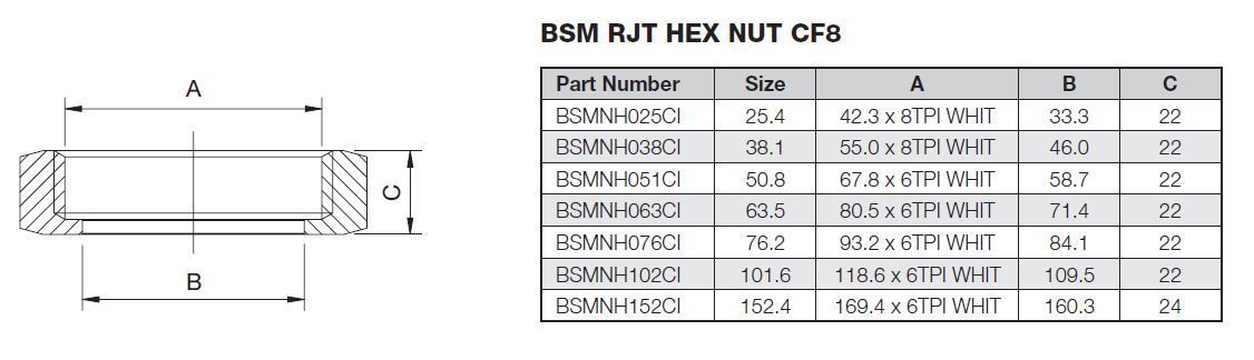 152 4 BSM HEXAGON NUT CF8 Prochem