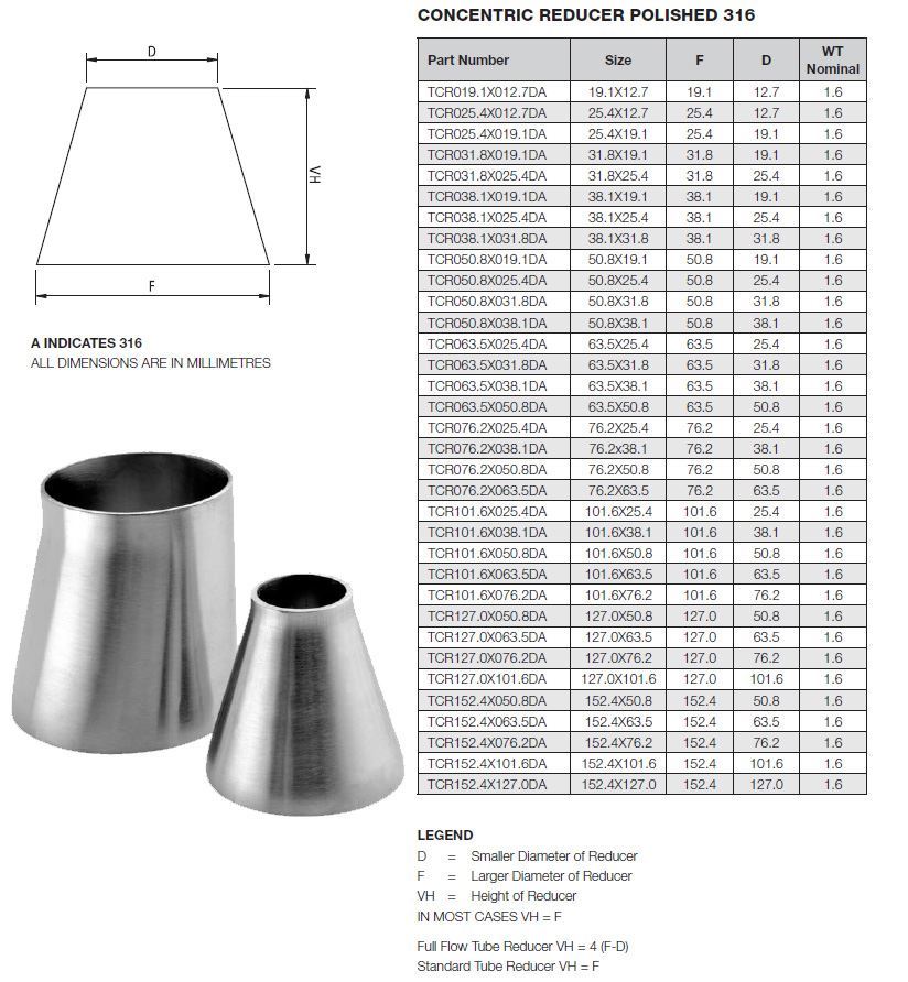 76.2 X 25.4 OD X 1.6WT CONCENTRIC REDUCER 316 - Prochem