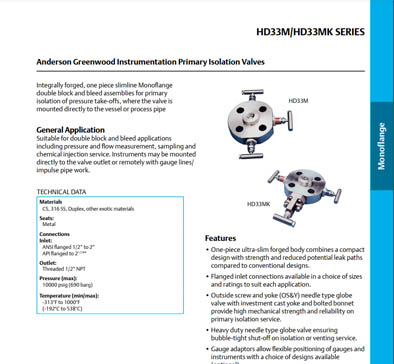 HD33M-HD33MK Primary Isolation Valves